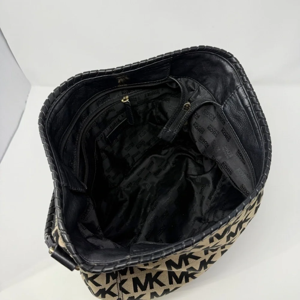 Michael Kors MK Logo Jacquard Hobo Shoulder Bag Black Tan Tassel Charm